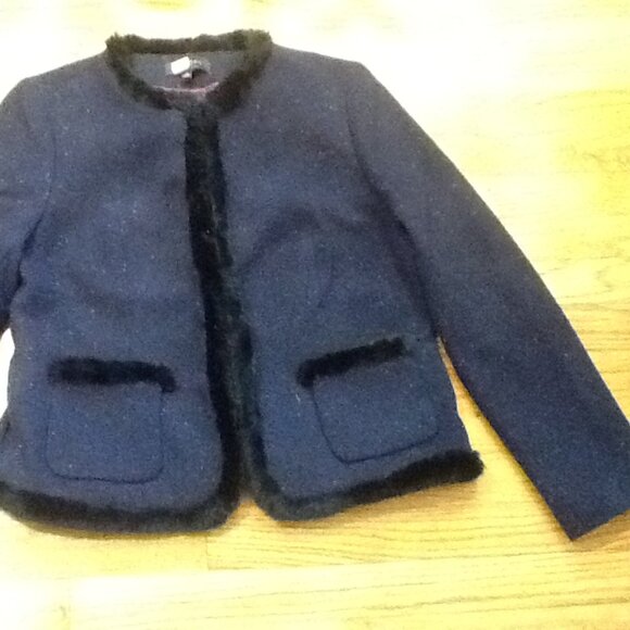 Navy Tweed Lady Jacket Edged with Navy Faux Fur - Picture 1 of 7